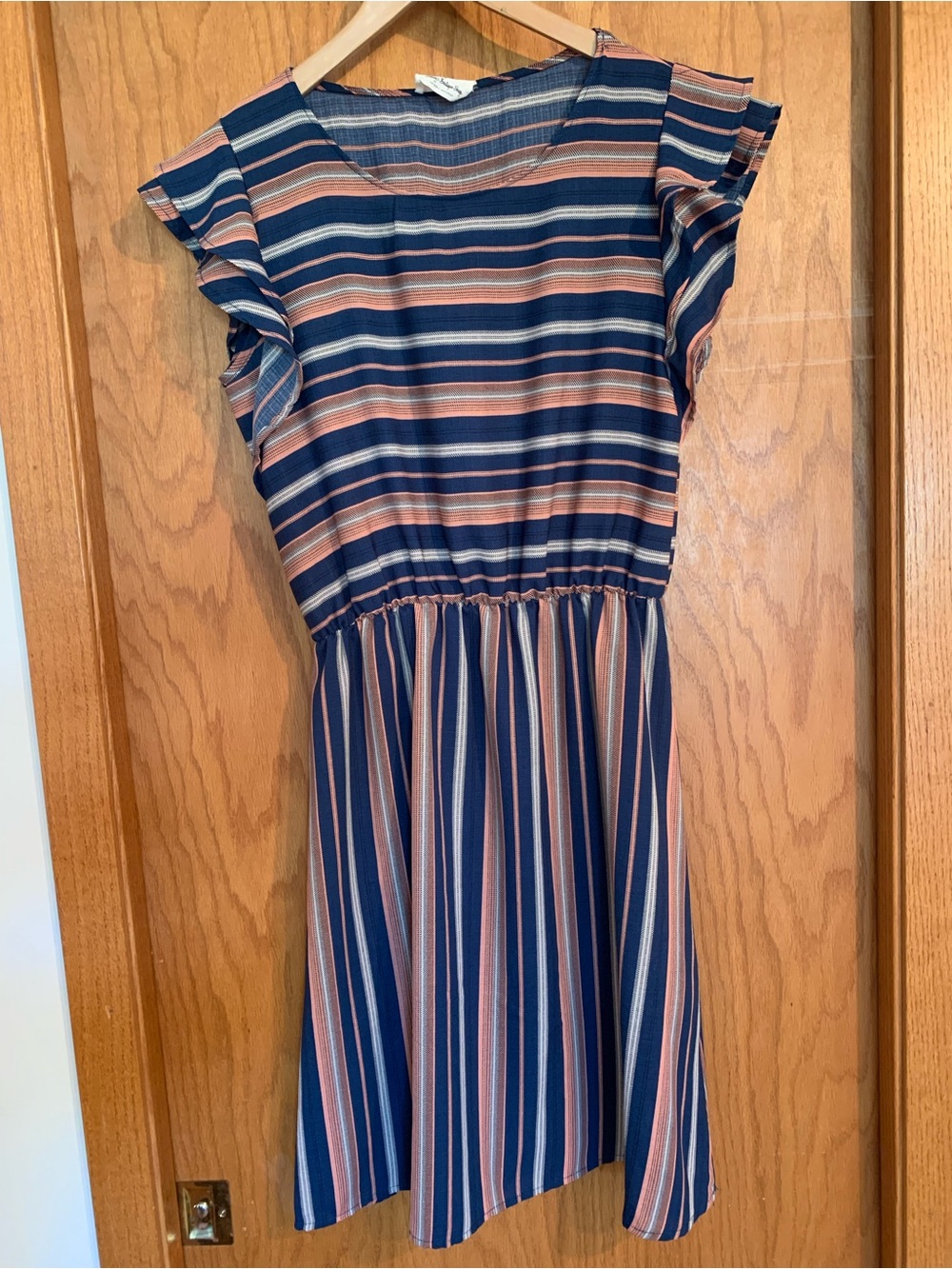 Betsey’s Boutique Navy and Rust Striped Flutter Sleeve Midi Dress, medium